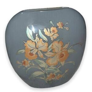 Vintage Shaddy Japan Orange Cattleya Orchids Flowers Gold Trim Vase Gray 7” 80’s